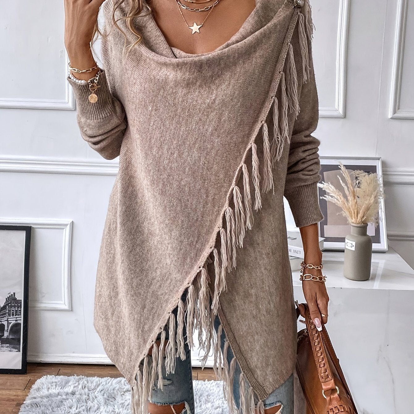 « LS-SHOP 🍂 Cardigan Femme Marron Élégant – Châle à Franges et Ourlet Volanté, Confortable Automne/Hiver | Style Casual & Cozy | ls-shop-cardigan-franges »