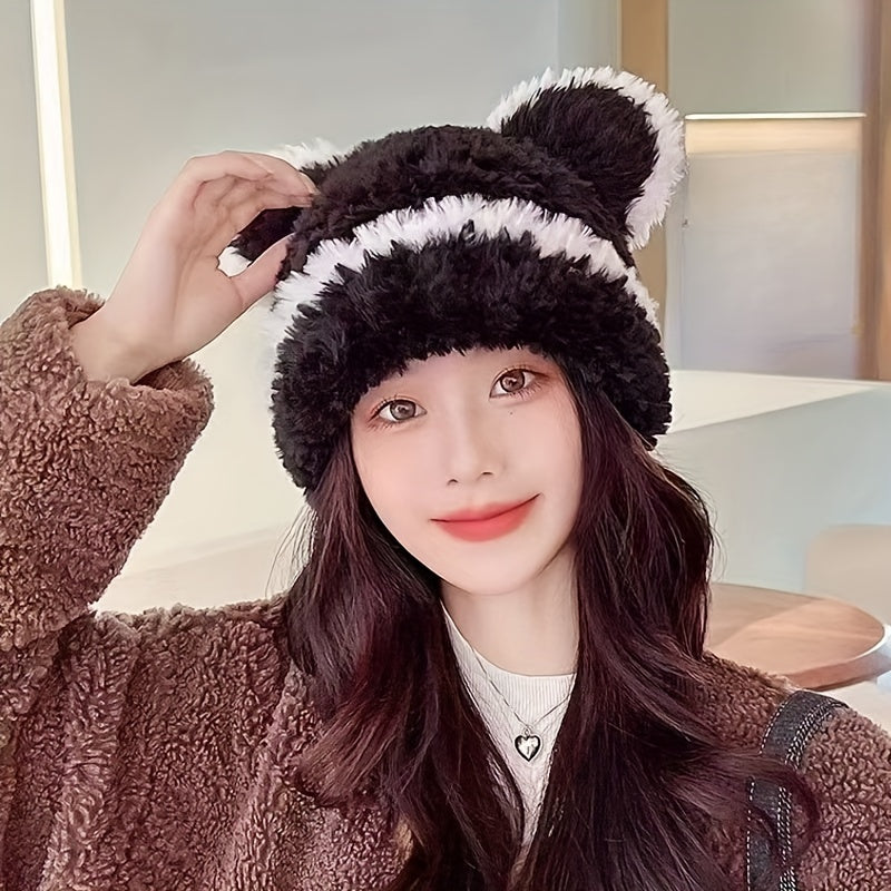 🧸❄️ LS Shop : Bonnet Hiver Femme – Oreilles d’Ours, Doux & Chaud 🖤✨