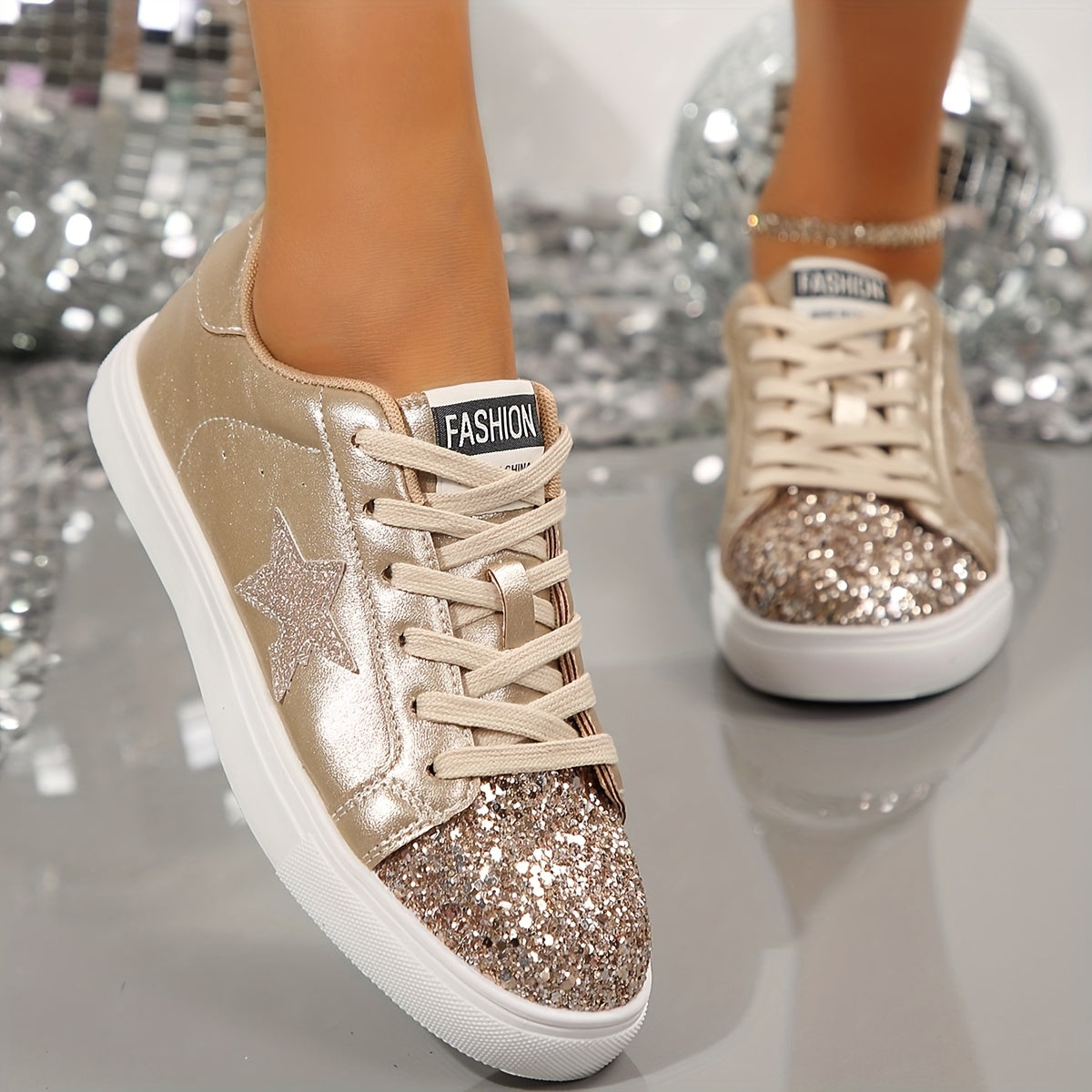 👟 LS SHOP – Baskets Pailletées Dorées pour Femme – Confortables & Stylées ✨