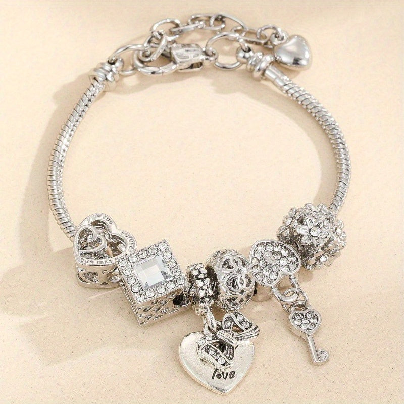 « LS-SHOP ✨ Bracelet Femme Cœur & Clé en Acier Inoxydable – Strass Éblouissants, Bijou Chic Quotidien | Idée Cadeau Fête des Mères ou Look Casual | ls-shop-bracelet-femme »