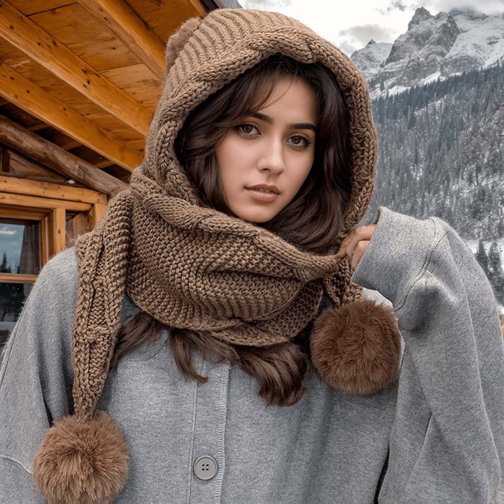 « LS-SHOP ❄️ Bonnet Femme Tricoté avec Écharpe Intégrée & 3 Pompons – Doublure Polaire Chaude, Protection Oreilles Hiver | ls-shop-bonnet-femme »