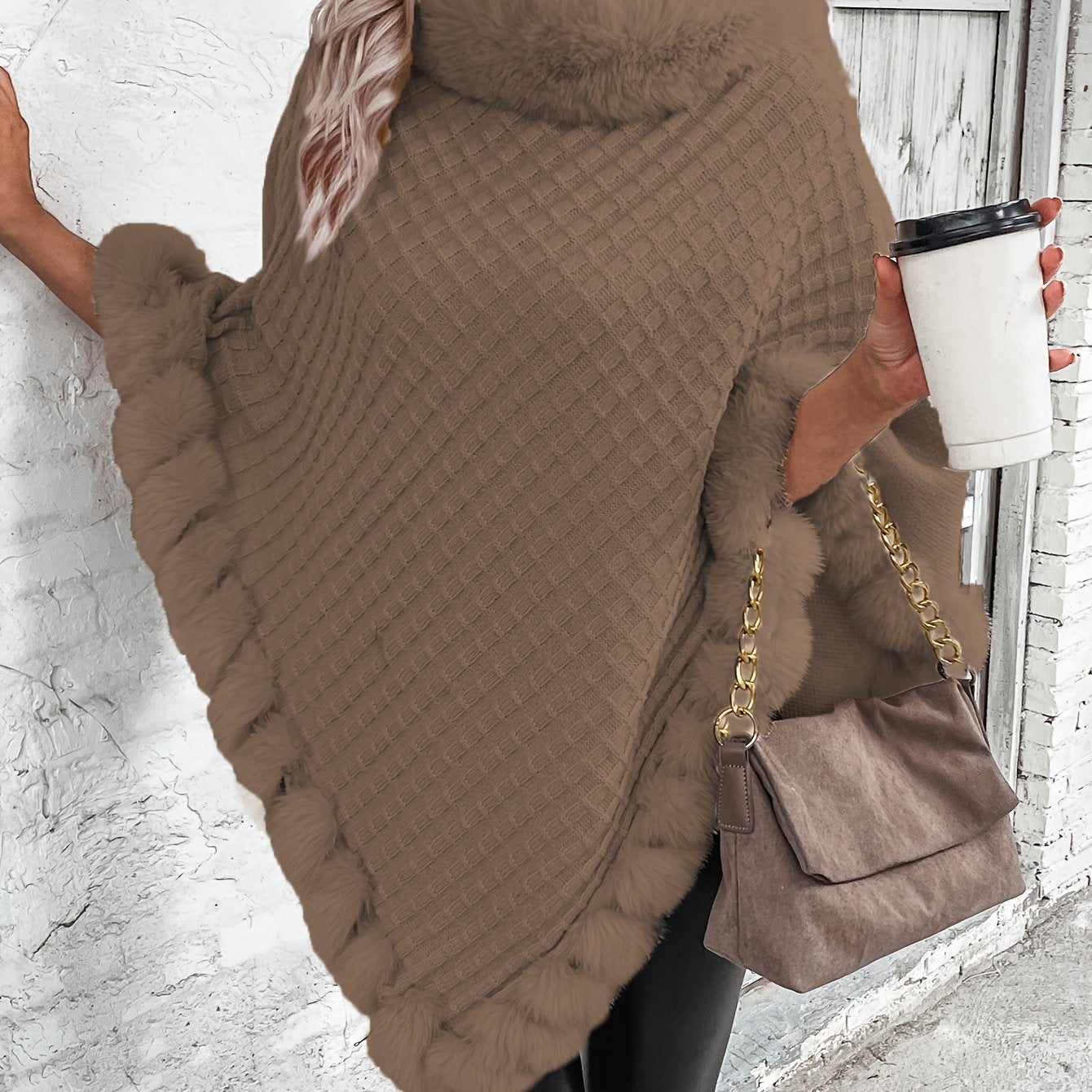 « LS-SHOP 🍁 Cape-Cardigan Femme Oversize – Col Fausse Fourrure, Ourlet Volanté, Marron & Gris | Cozy Automne/Hiver | ls-shop-cape-cardigan »