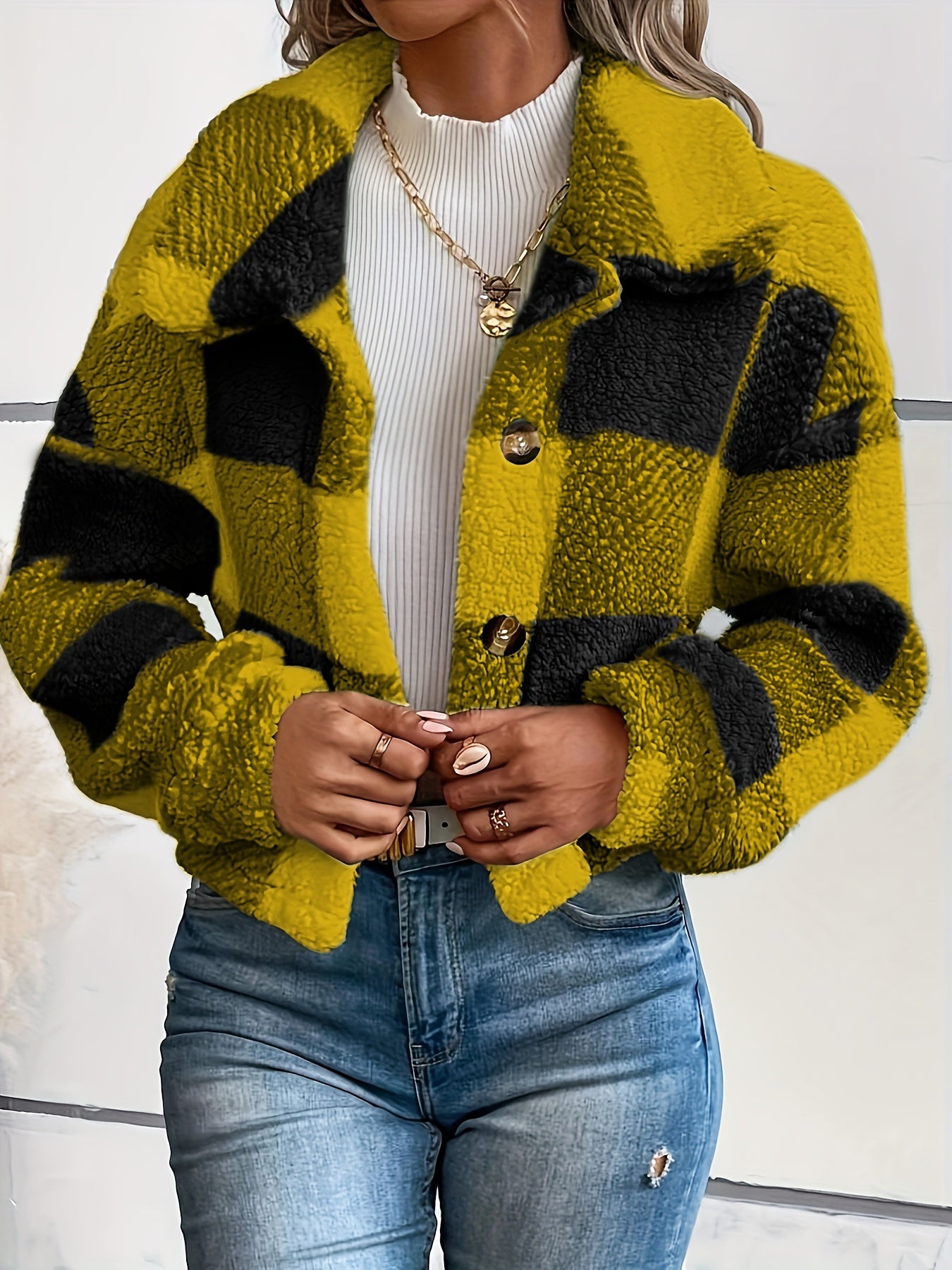 LS SHOP – Manteau Teddy à Carreaux avec Boutons | Veste Longue Hiver Thermique pour Femme