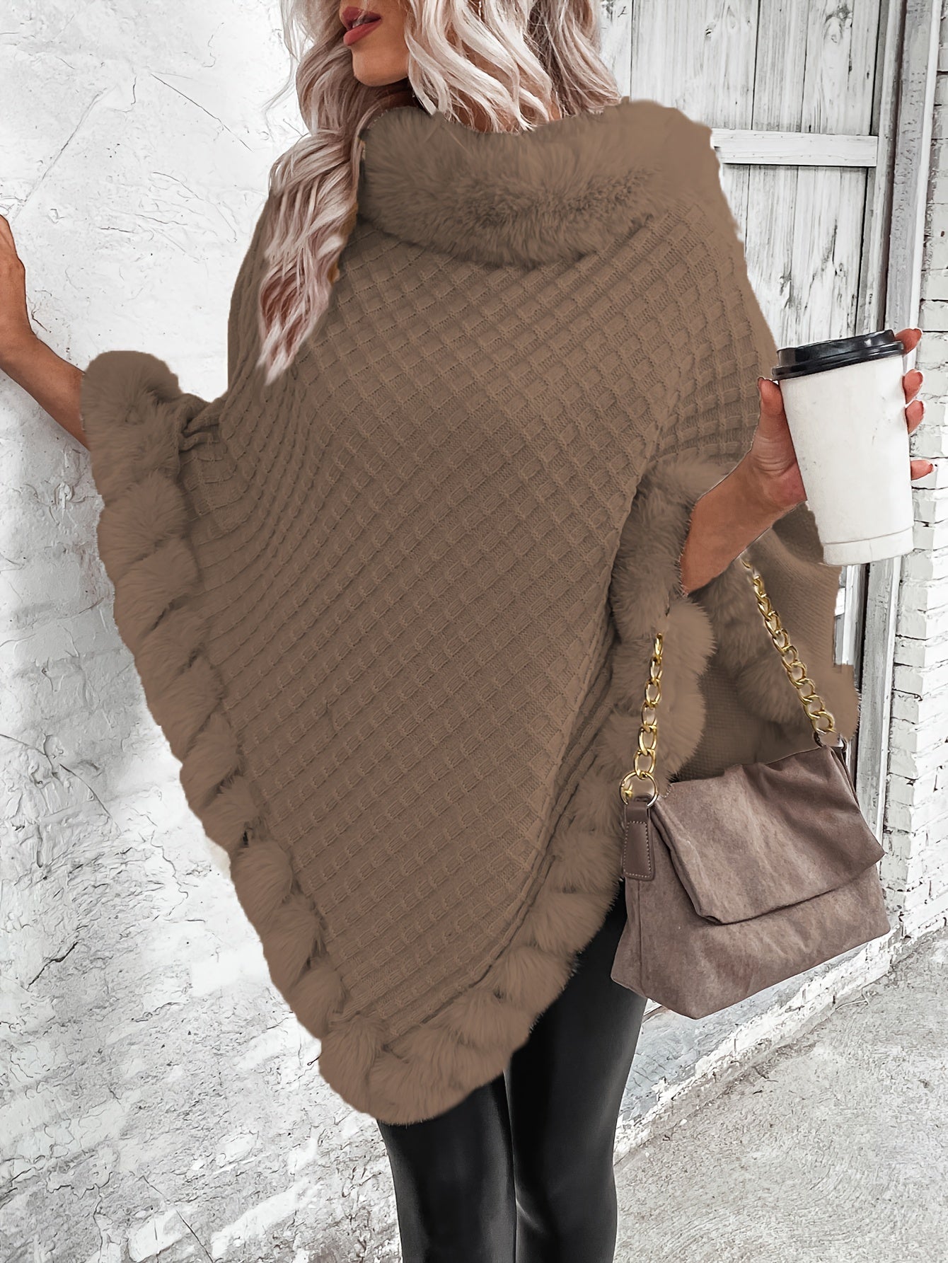 « LS-SHOP 🍁 Cape-Cardigan Femme Oversize – Col Fausse Fourrure, Ourlet Volanté, Marron & Gris | Cozy Automne/Hiver | ls-shop-cape-cardigan »