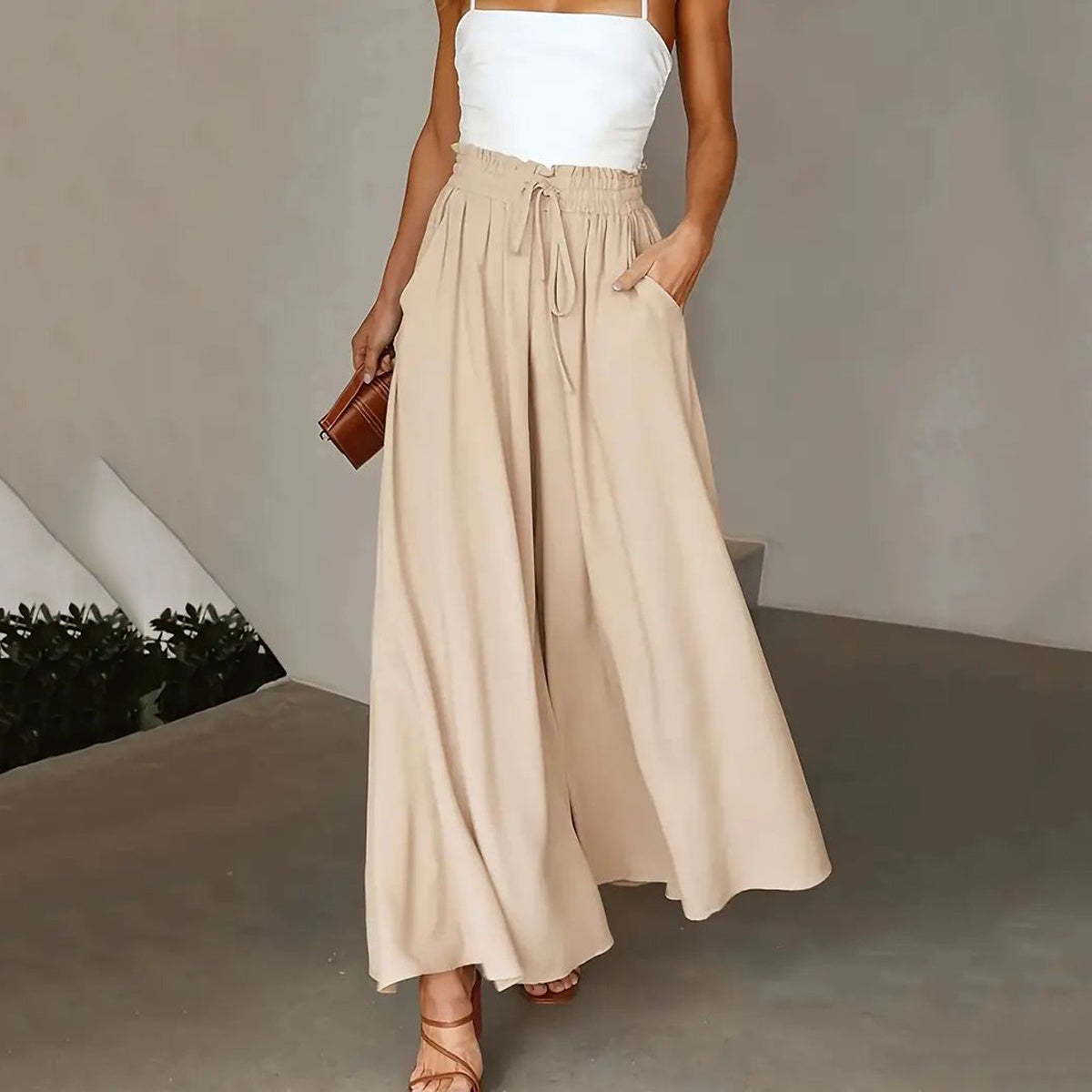"Pantalon Femme Grande Taille – Taille Paper Bag, Jambe Large, Ceinture à Nouer, Poches, Look Élégant