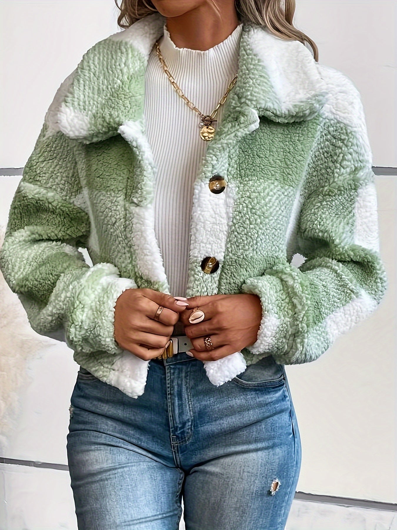 LS SHOP – Manteau Teddy à Carreaux avec Boutons | Veste Longue Hiver Thermique pour Femme