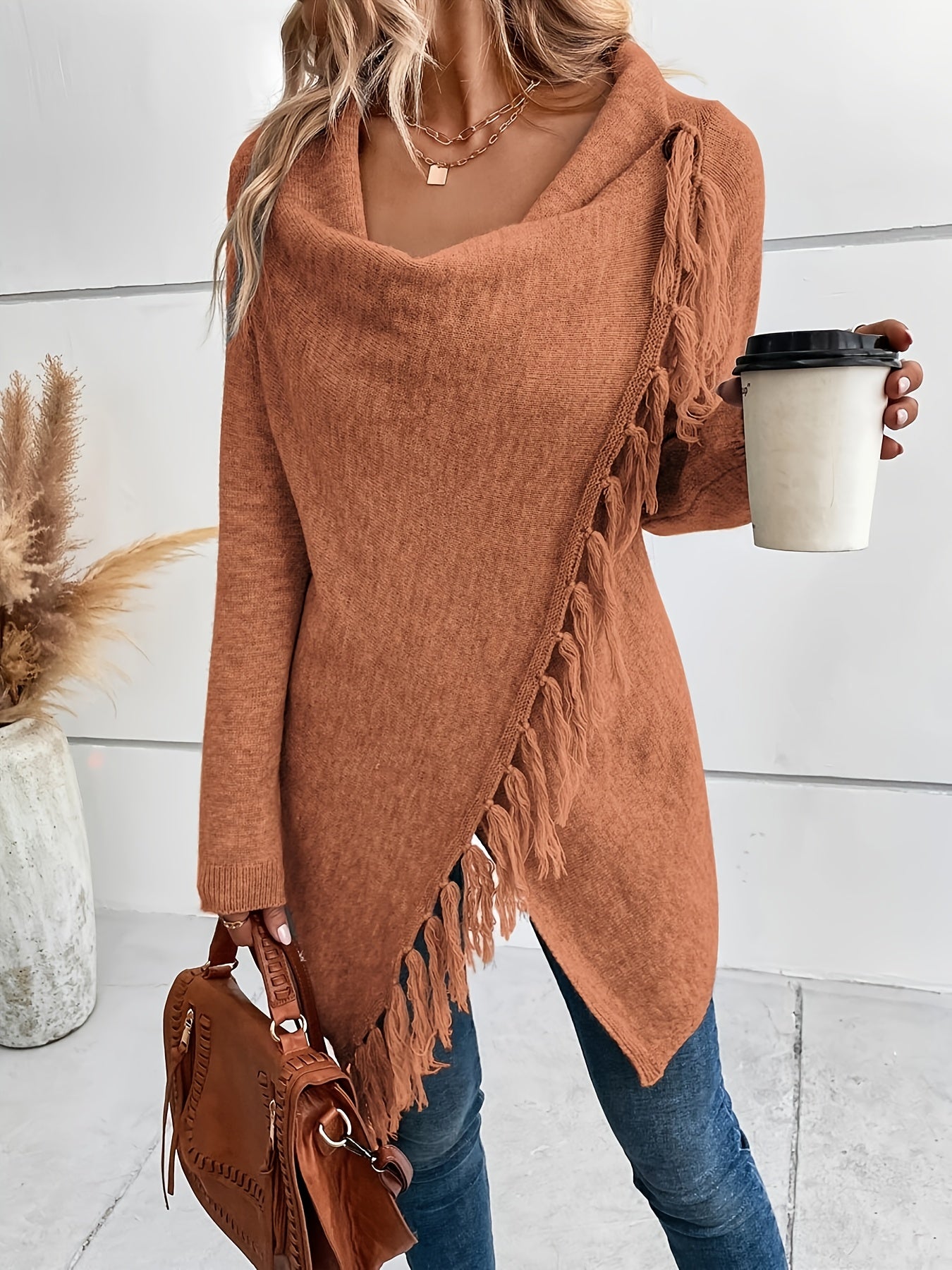 « LS-SHOP 🍂 Cardigan Femme Marron Élégant – Châle à Franges et Ourlet Volanté, Confortable Automne/Hiver | Style Casual & Cozy | ls-shop-cardigan-franges »