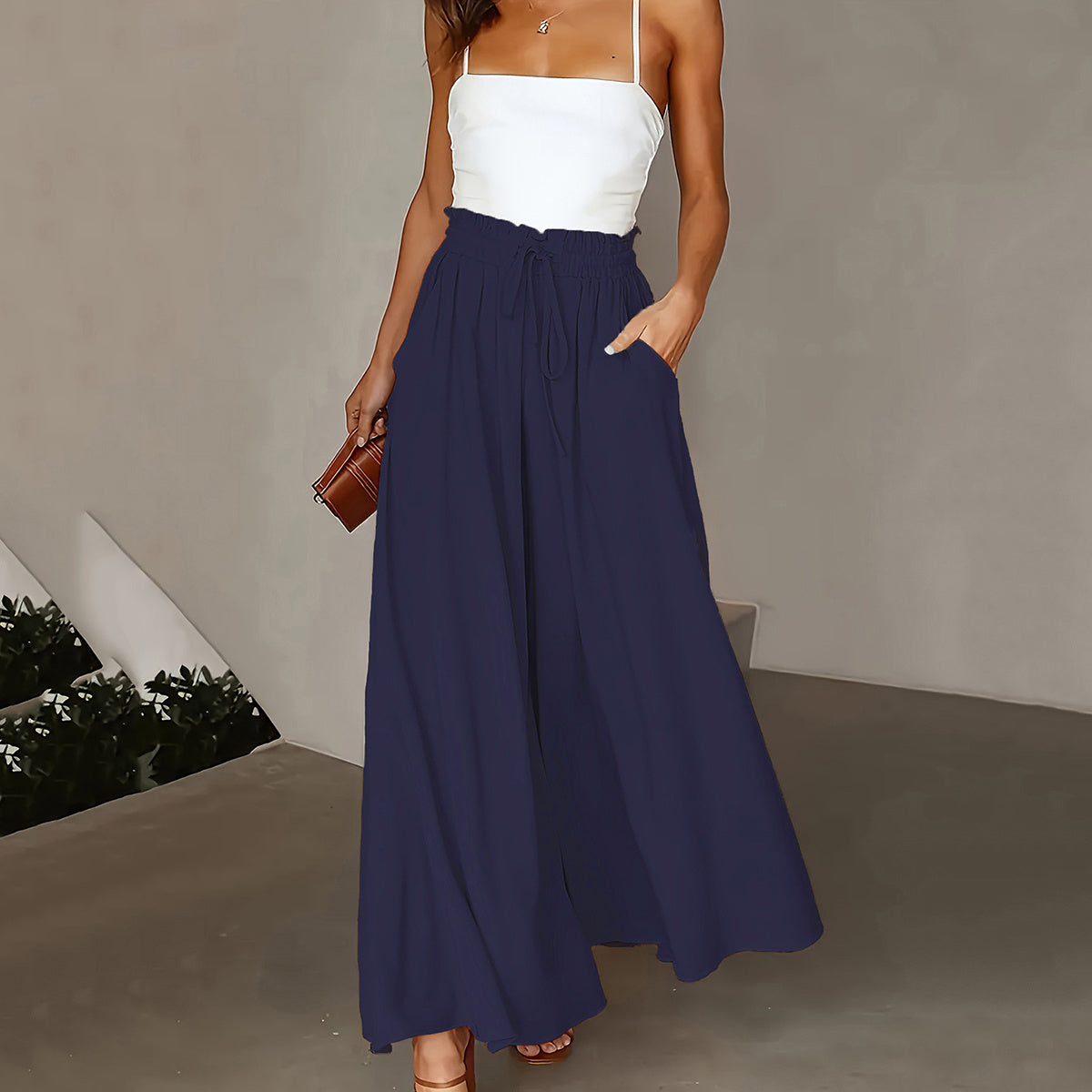 "Pantalon Femme Grande Taille – Taille Paper Bag, Jambe Large, Ceinture à Nouer, Poches, Look Élégant