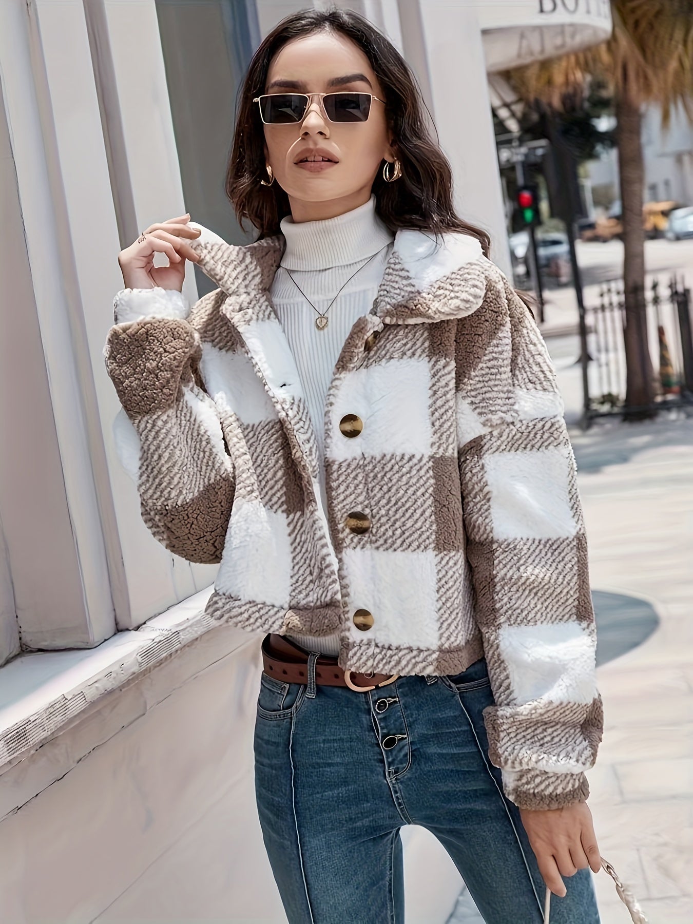 LS SHOP – Manteau Teddy à Carreaux avec Boutons | Veste Longue Hiver Thermique pour Femme