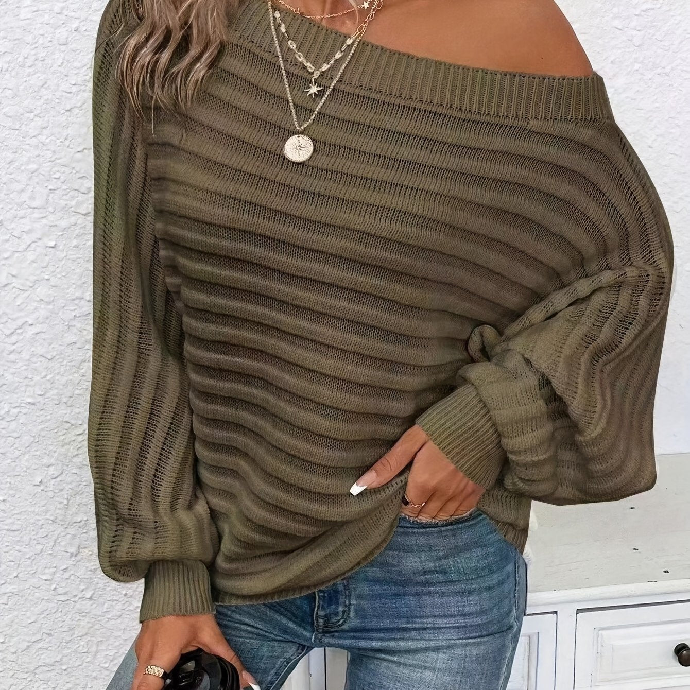 « LS-SHOP ✨ Pull Épaules Dénudées Femme – Chic, Couleur Unie, Pull Confortable en Acrylique à Manches Lanternes | ls-shop-pull-femme-chic »leeves, Casual & Stylish, Perfect for Fall/Winter - Hand Washable