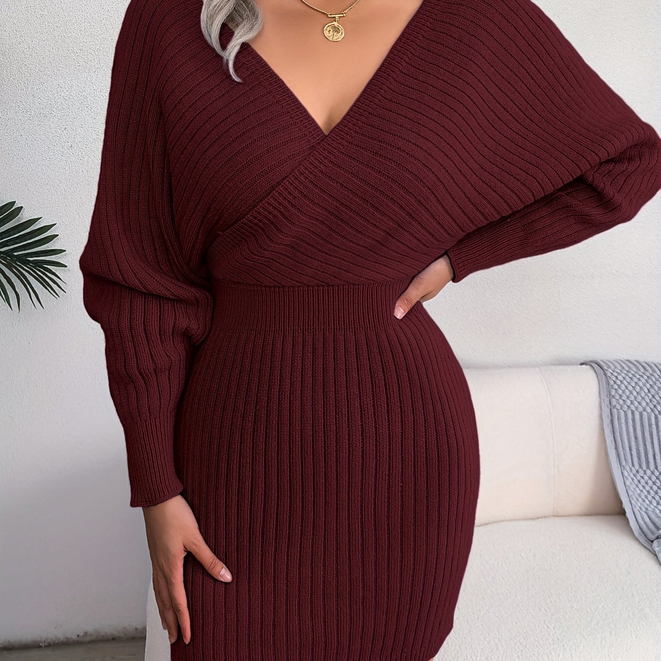 LS SHOP – Robe Pull Bodycon Sexy à Décolleté Croisé et Manches Chauve-Souris