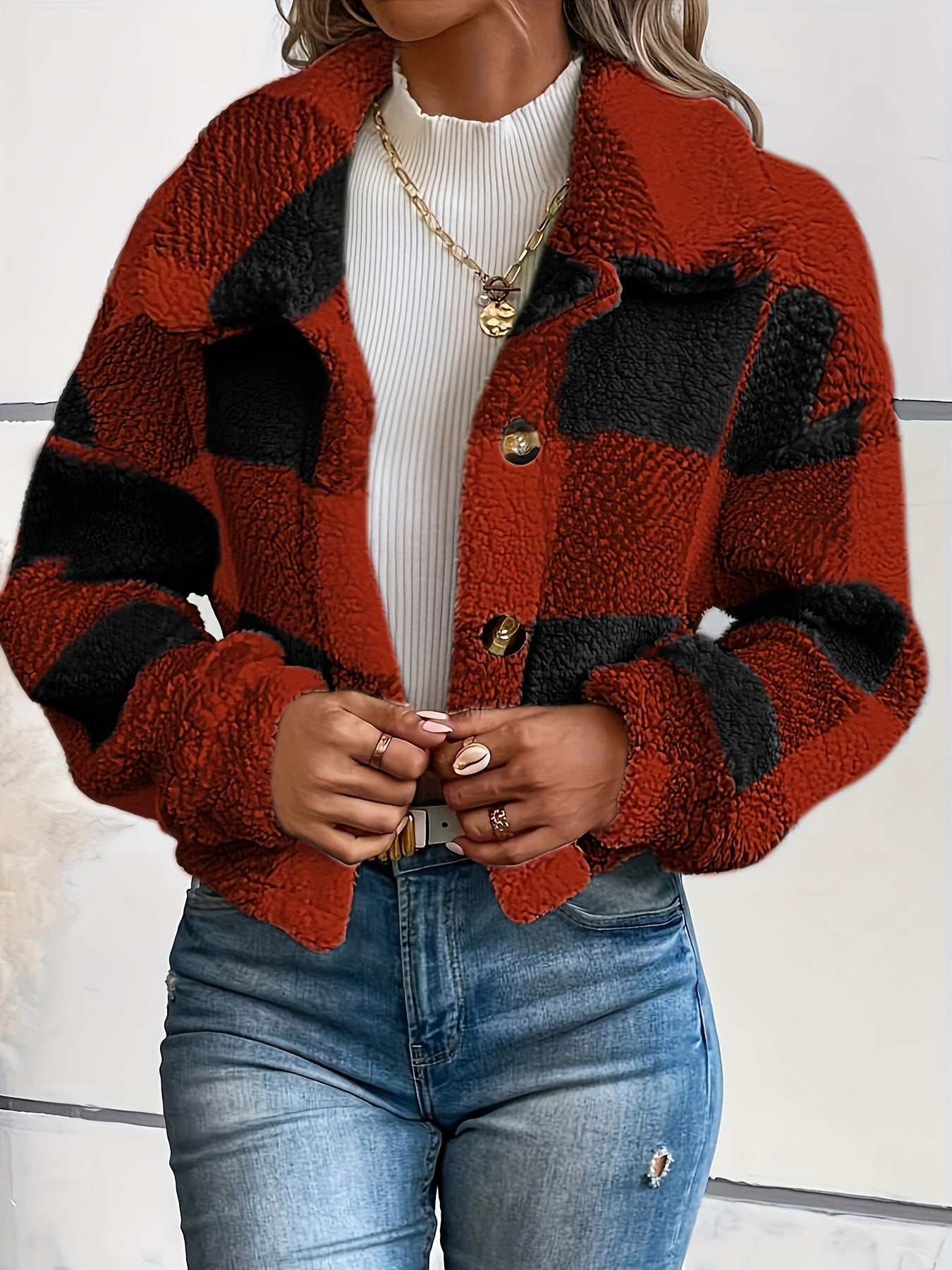 LS SHOP – Manteau Teddy à Carreaux avec Boutons | Veste Longue Hiver Thermique pour Femme