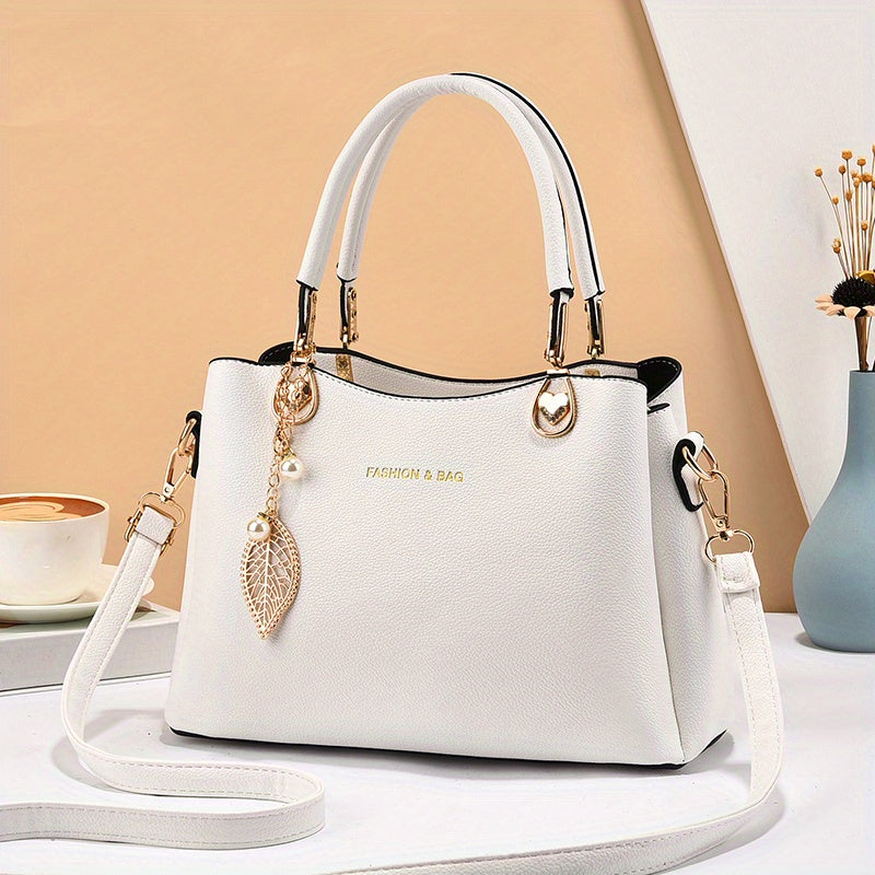 LS SHOP – Sac à Main Élégant pour Femme | Bandoulière Amovible, Détail Feuille Doré, Sac Blanc Chic