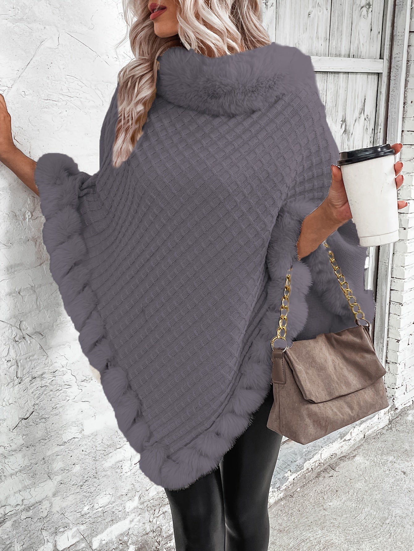 « LS-SHOP 🍁 Cape-Cardigan Femme Oversize – Col Fausse Fourrure, Ourlet Volanté, Marron & Gris | Cozy Automne/Hiver | ls-shop-cape-cardigan »
