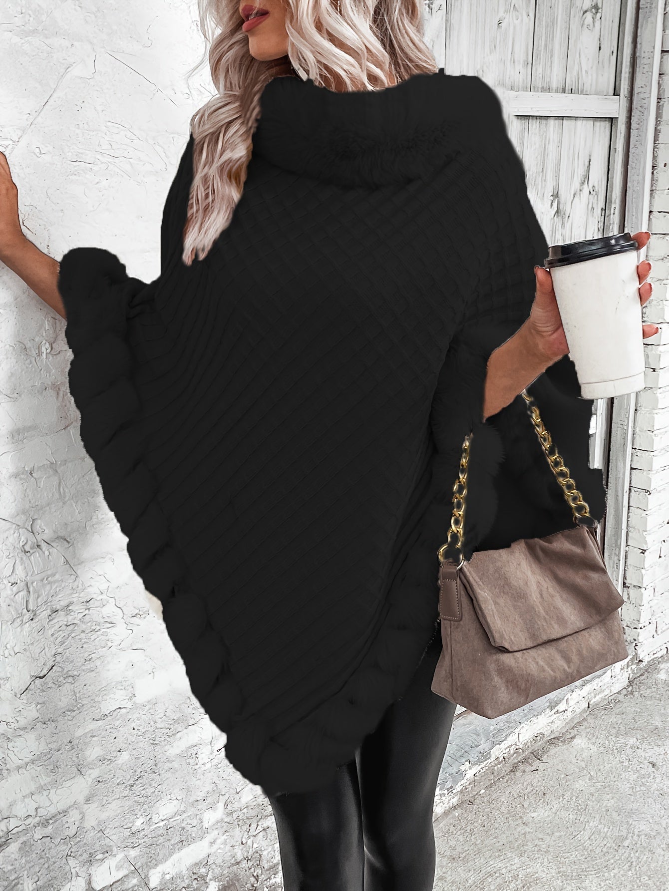 « LS-SHOP 🍁 Cape-Cardigan Femme Oversize – Col Fausse Fourrure, Ourlet Volanté, Marron & Gris | Cozy Automne/Hiver | ls-shop-cape-cardigan »