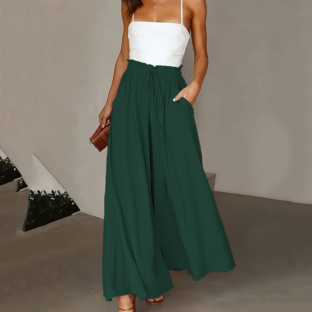 "Pantalon Femme Grande Taille – Taille Paper Bag, Jambe Large, Ceinture à Nouer, Poches, Look Élégant