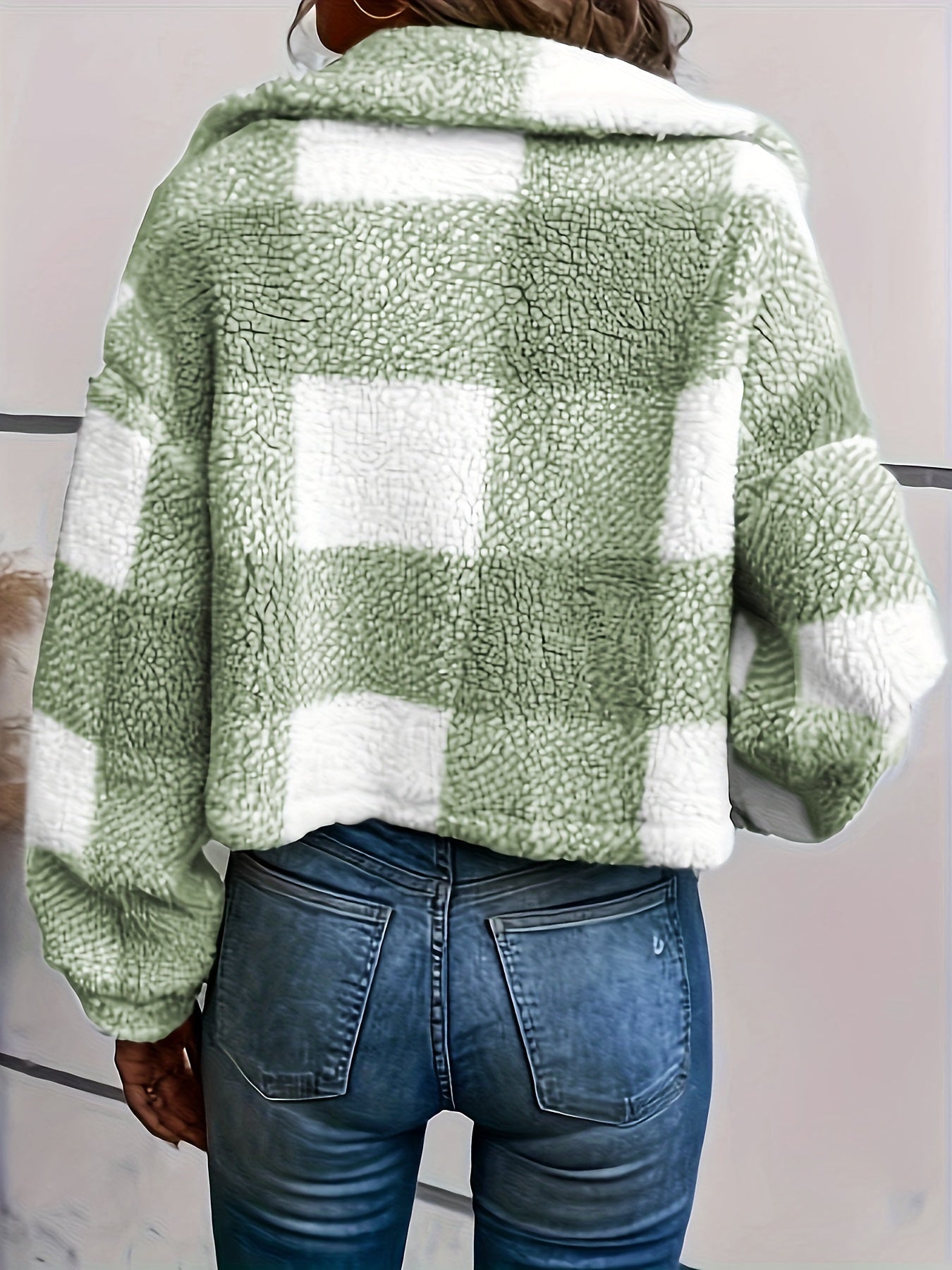 LS SHOP – Manteau Teddy à Carreaux avec Boutons | Veste Longue Hiver Thermique pour Femme