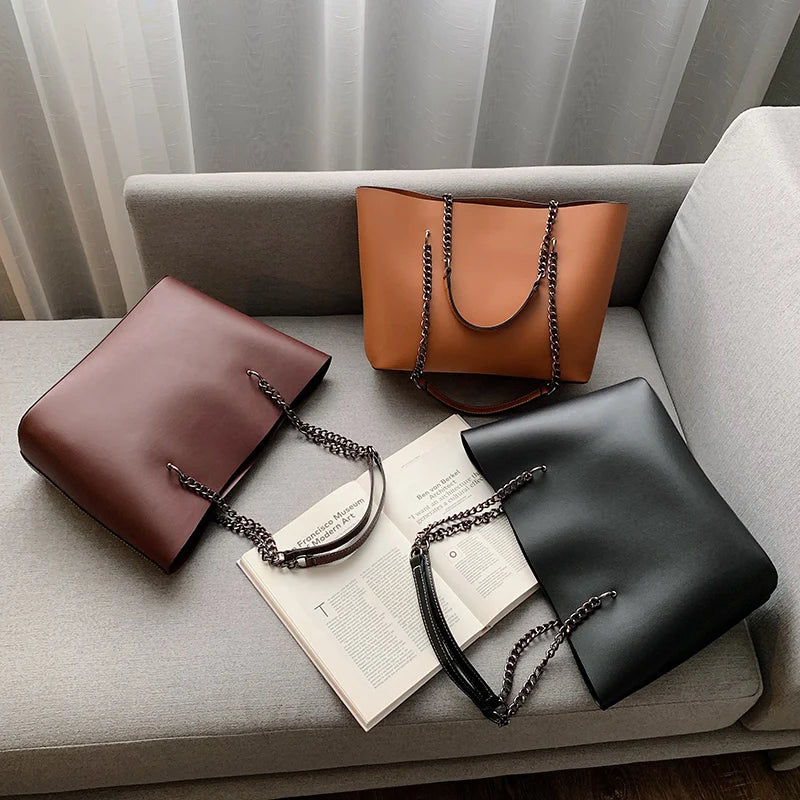 Sac à bandoulière en PU cuir style luxe pour femmes – Grand sac à main avec chaîne, grande capacité, idéal voyage et shopping
