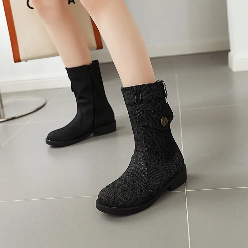 🥿 LS SHOP – Bottes Femme 2025 🤍 Denim Mi-mollet, Talons Plats & Zip Chic 👢