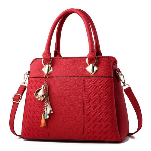 Sac à Main pour Femmes – Tote en PU Cuir avec Pompon et Broderie, Sac à Poignée, Bandoulière et Crossbody, Style Simple et Élégant