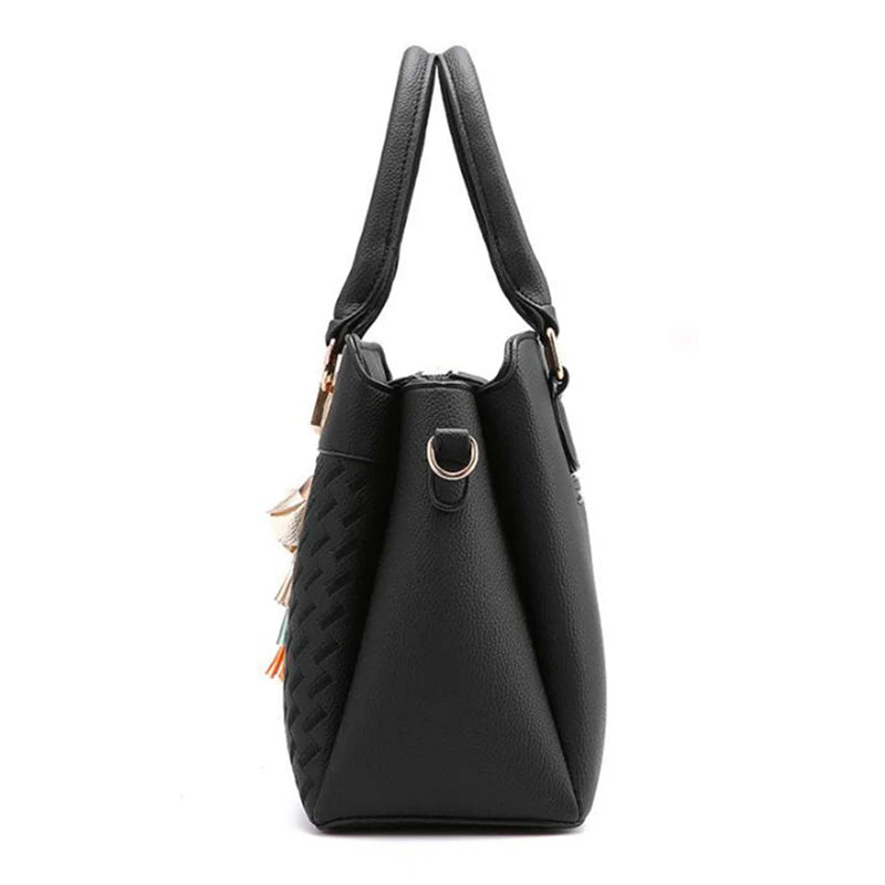 Sac à Main pour Femmes – Tote en PU Cuir avec Pompon et Broderie, Sac à Poignée, Bandoulière et Crossbody, Style Simple et Élégant