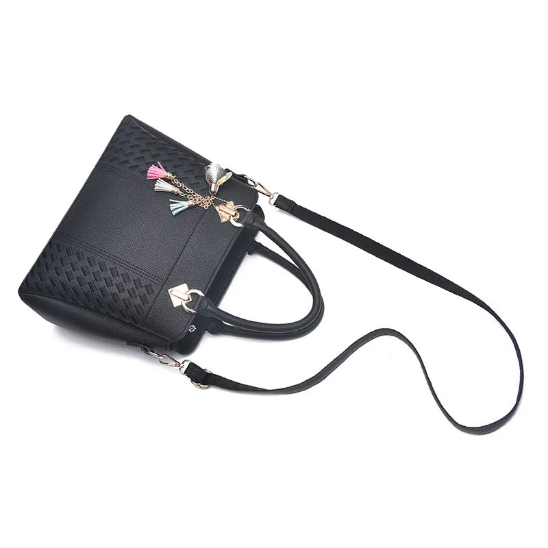 Sac à Main pour Femmes – Tote en PU Cuir avec Pompon et Broderie, Sac à Poignée, Bandoulière et Crossbody, Style Simple et Élégant
