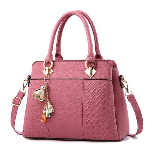 Sac à Main pour Femmes – Tote en PU Cuir avec Pompon et Broderie, Sac à Poignée, Bandoulière et Crossbody, Style Simple et Élégant