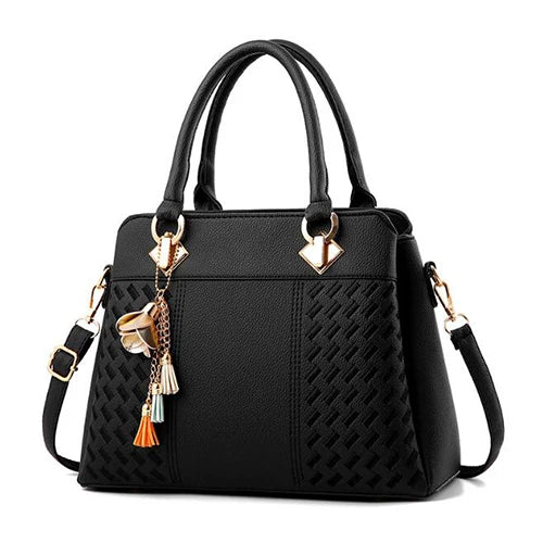 Sac à Main pour Femmes – Tote en PU Cuir avec Pompon et Broderie, Sac à Poignée, Bandoulière et Crossbody, Style Simple et Élégant