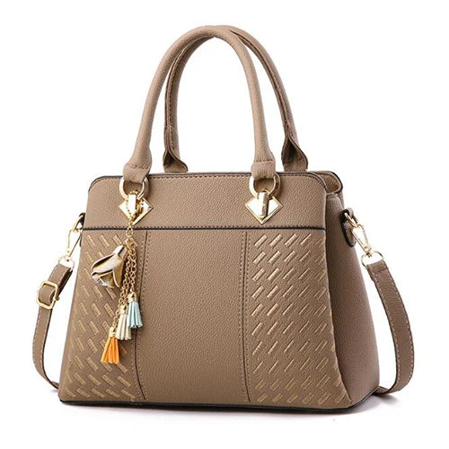 Sac à Main pour Femmes – Tote en PU Cuir avec Pompon et Broderie, Sac à Poignée, Bandoulière et Crossbody, Style Simple et Élégant