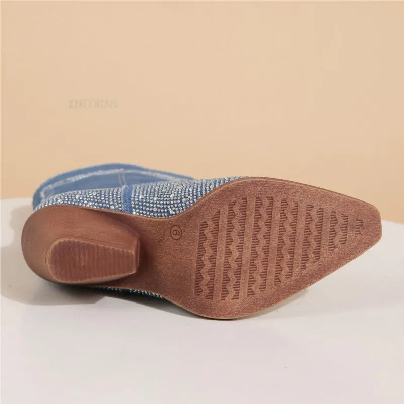 💎 LS SHOP – Bottines Femme 2025 ✨ Talons Moyens, Bout Pointu & Strass Bleu Denim 👢