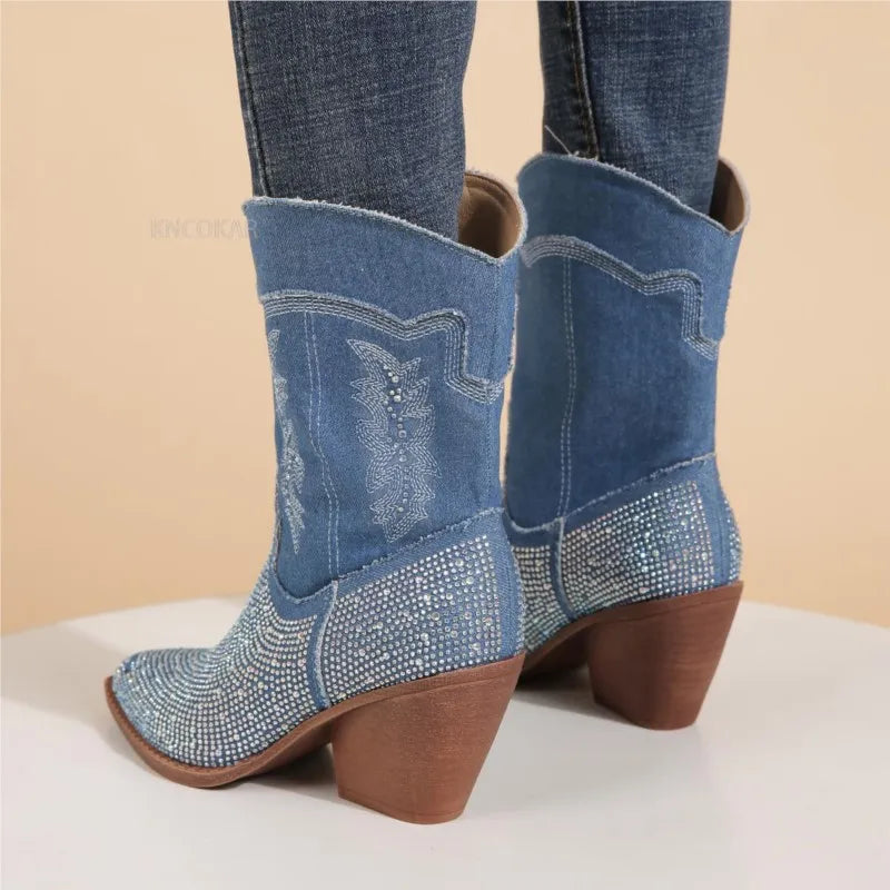 💎 LS SHOP – Bottines Femme 2025 ✨ Talons Moyens, Bout Pointu & Strass Bleu Denim 👢