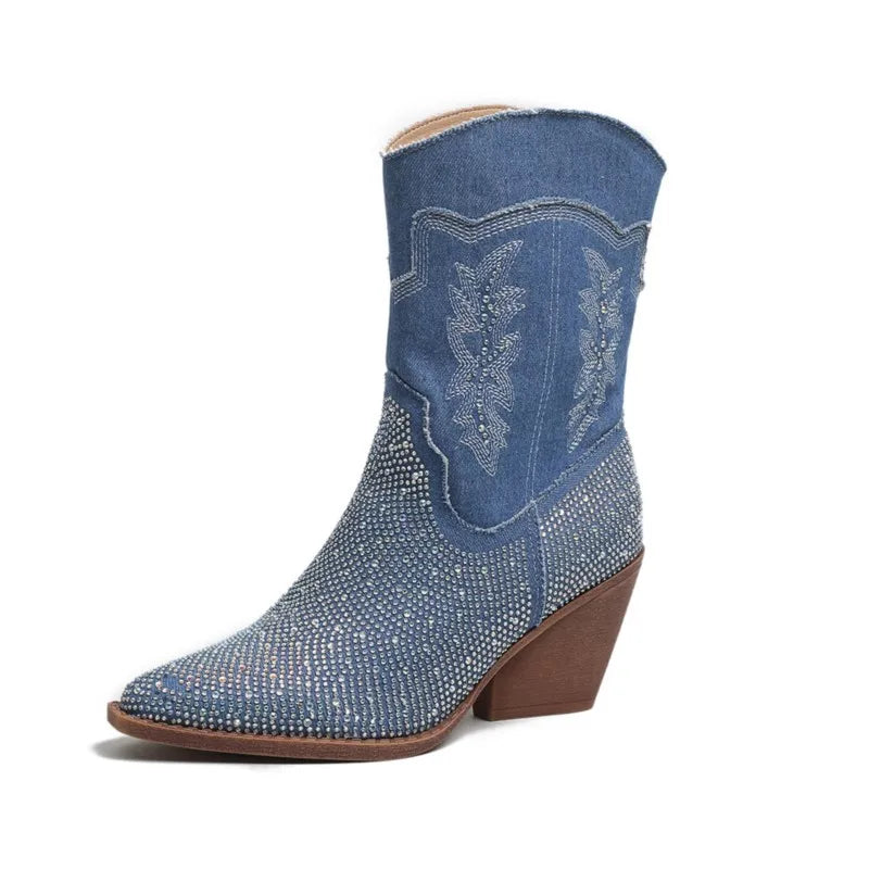 💎 LS SHOP – Bottines Femme 2025 ✨ Talons Moyens, Bout Pointu & Strass Bleu Denim 👢