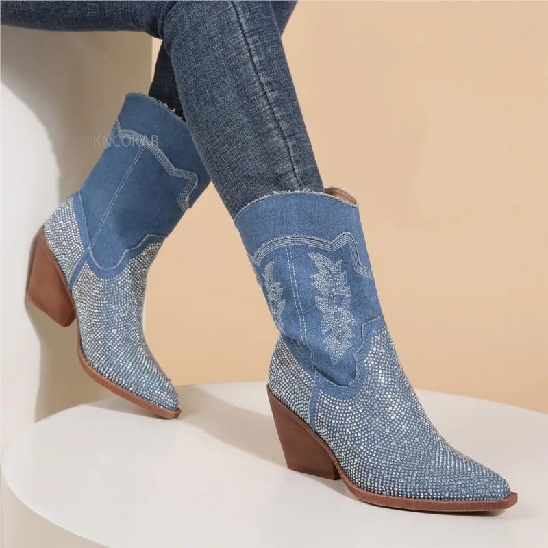 💎 LS SHOP – Bottines Femme 2025 ✨ Talons Moyens, Bout Pointu & Strass Bleu Denim 👢