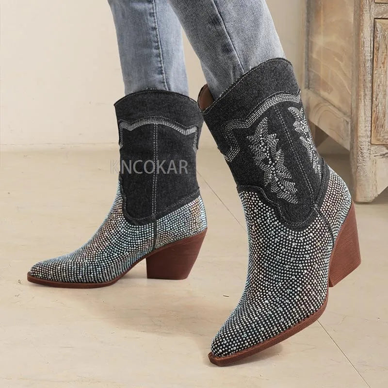 💎 LS SHOP – Bottines Femme 2025 ✨ Talons Moyens, Bout Pointu & Strass Bleu Denim 👢