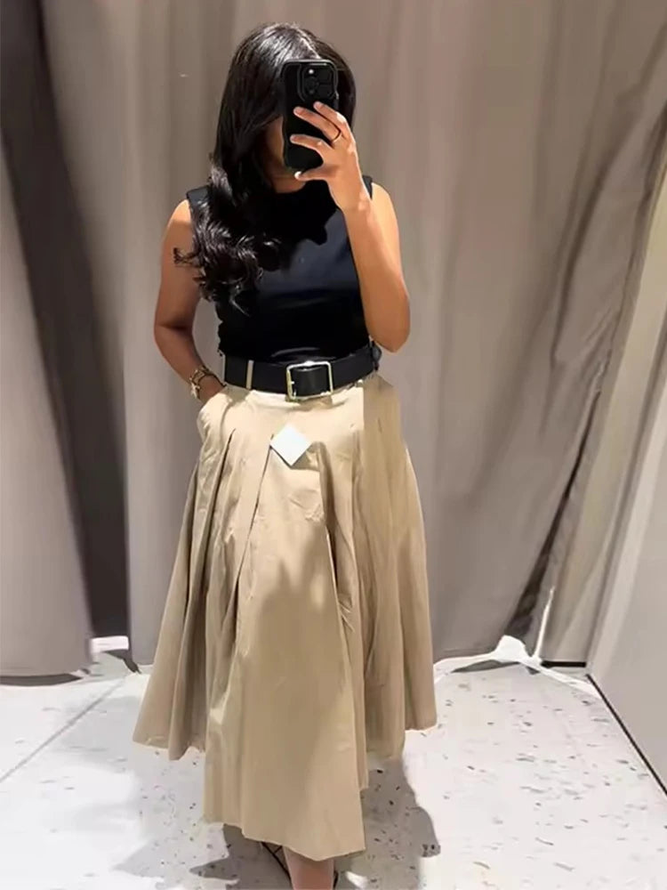 Robe Longue Femme LS SHOP – Patchwork Plissé, Sans Manches, Ceinturée, Chic et Élégante