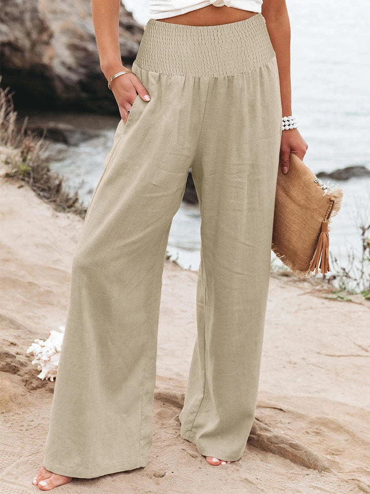 Pantalon grande taille taille haute à jambes larges en coton et lin pour femme, élastique, style rétro, mode décontractée, printemps-été.