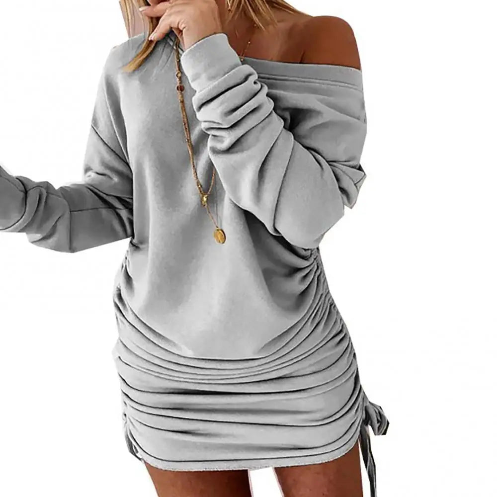 Robe sexy à épaules dénudées avec volants et cordon de serrage, style automne, manches longues, coupe mini moulante type sweat, mode streetwear pour femme.