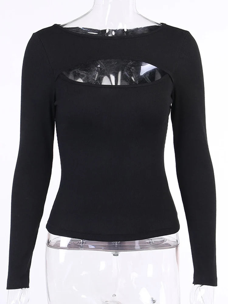 "T-shirt femme automne – manches longues, tricoté, slim, col rond, ajouré, uni noir ou blanc, casual et fashion" ✅