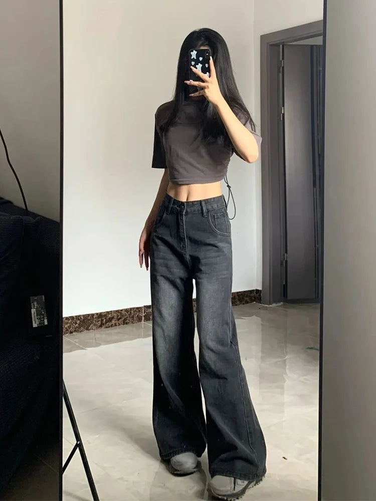 Jean Femme Vintage Coréen – Taille Haute, Évasé & Confortable