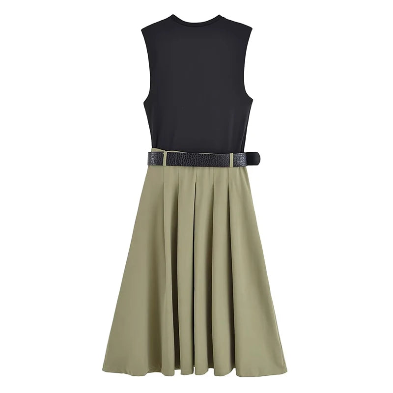 Robe Longue Femme LS SHOP – Patchwork Plissé, Sans Manches, Ceinturée, Chic et Élégante