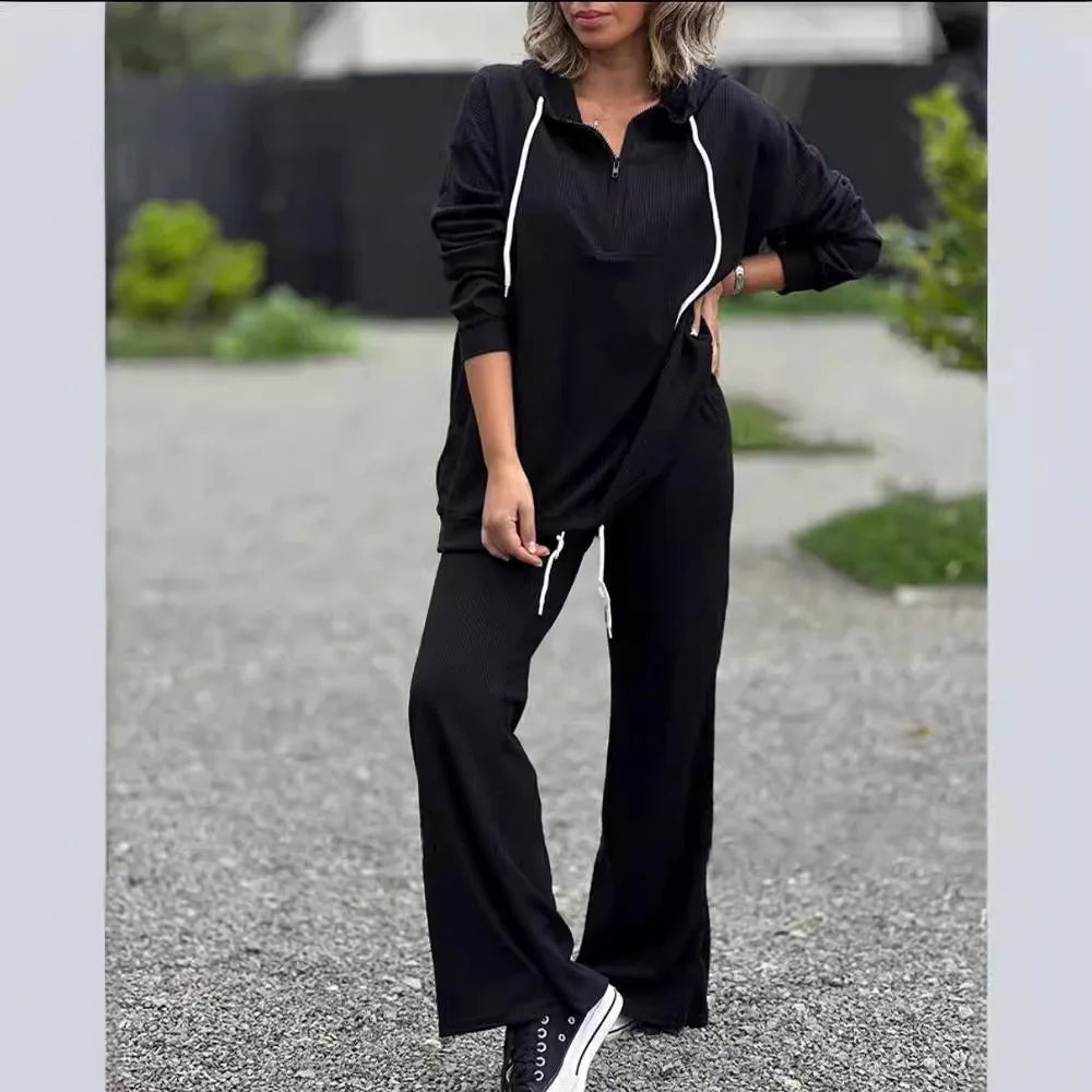 "Ensemble femme automne 2025 – top uni élégant + pantalon large à cordon, pull-over décontracté, deux pièces casual" ✅