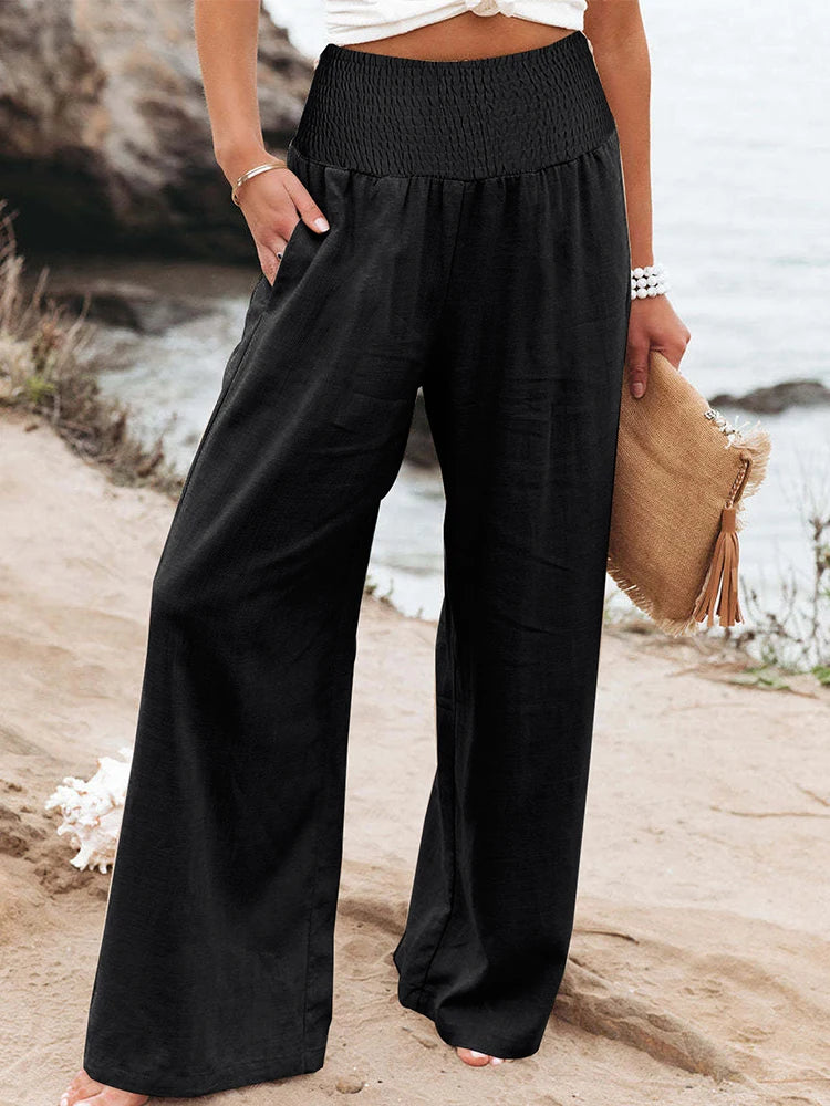 Pantalon grande taille taille haute à jambes larges en coton et lin pour femme, élastique, style rétro, mode décontractée, printemps-été.