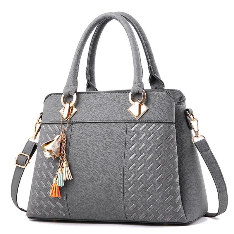 Sac à Main pour Femmes – Tote en PU Cuir avec Pompon et Broderie, Sac à Poignée, Bandoulière et Crossbody, Style Simple et Élégant