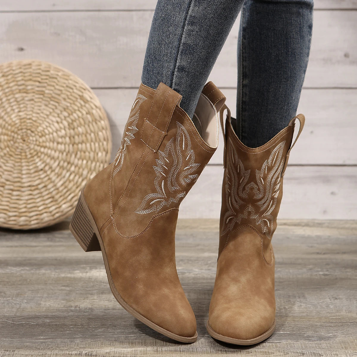 "Bottes Western Femme à Broderies – Style Automne, Bout Pointu, Talon Épais, Hauteur Genou"