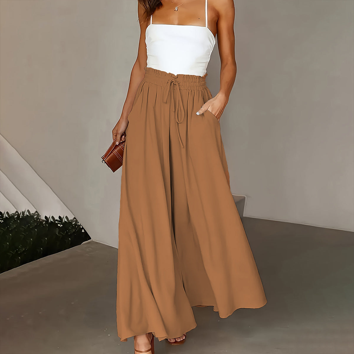"Pantalon Femme Grande Taille – Taille Paper Bag, Jambe Large, Ceinture à Nouer, Poches, Look Élégant