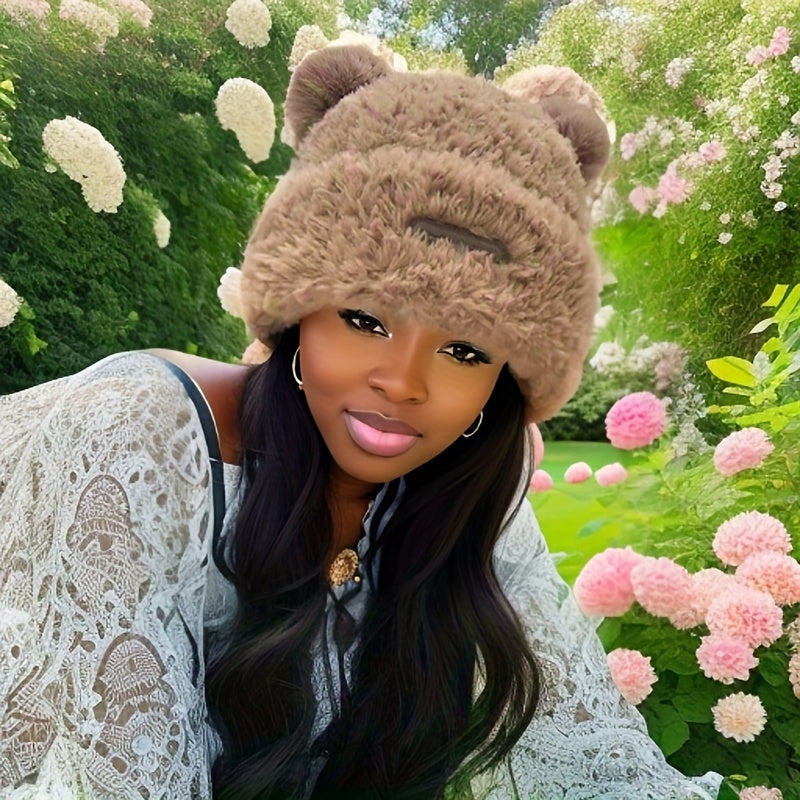🧸❄️ LS Shop : Bonnet Hiver Femme – Oreilles d’Ours, Doux & Chaud 🖤✨