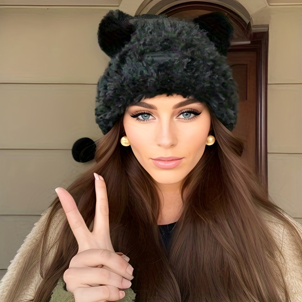 🧸❄️ LS Shop : Bonnet Hiver Femme – Oreilles d’Ours, Doux & Chaud 🖤✨