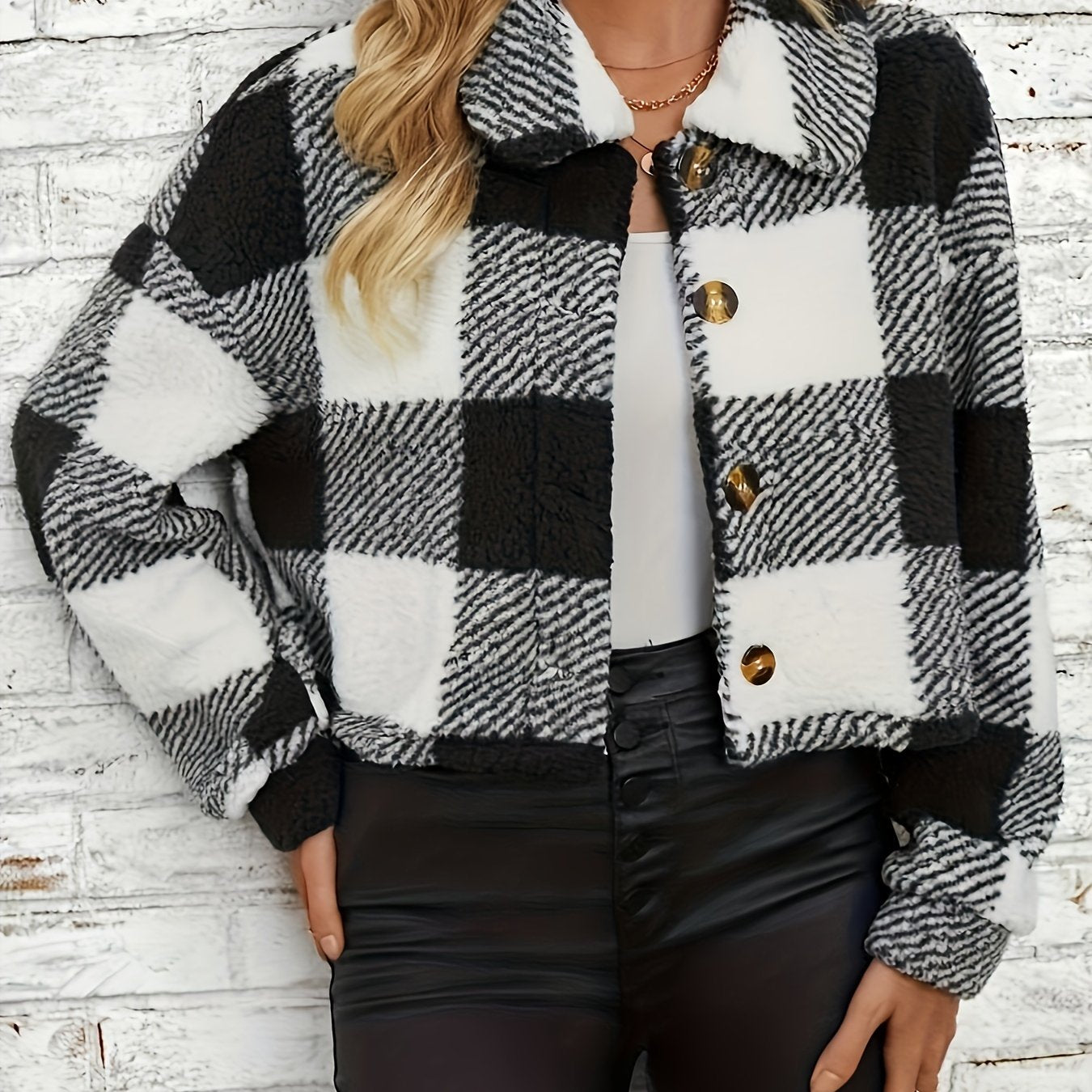 LS SHOP – Manteau Teddy à Carreaux avec Boutons | Veste Longue Hiver Thermique pour Femme