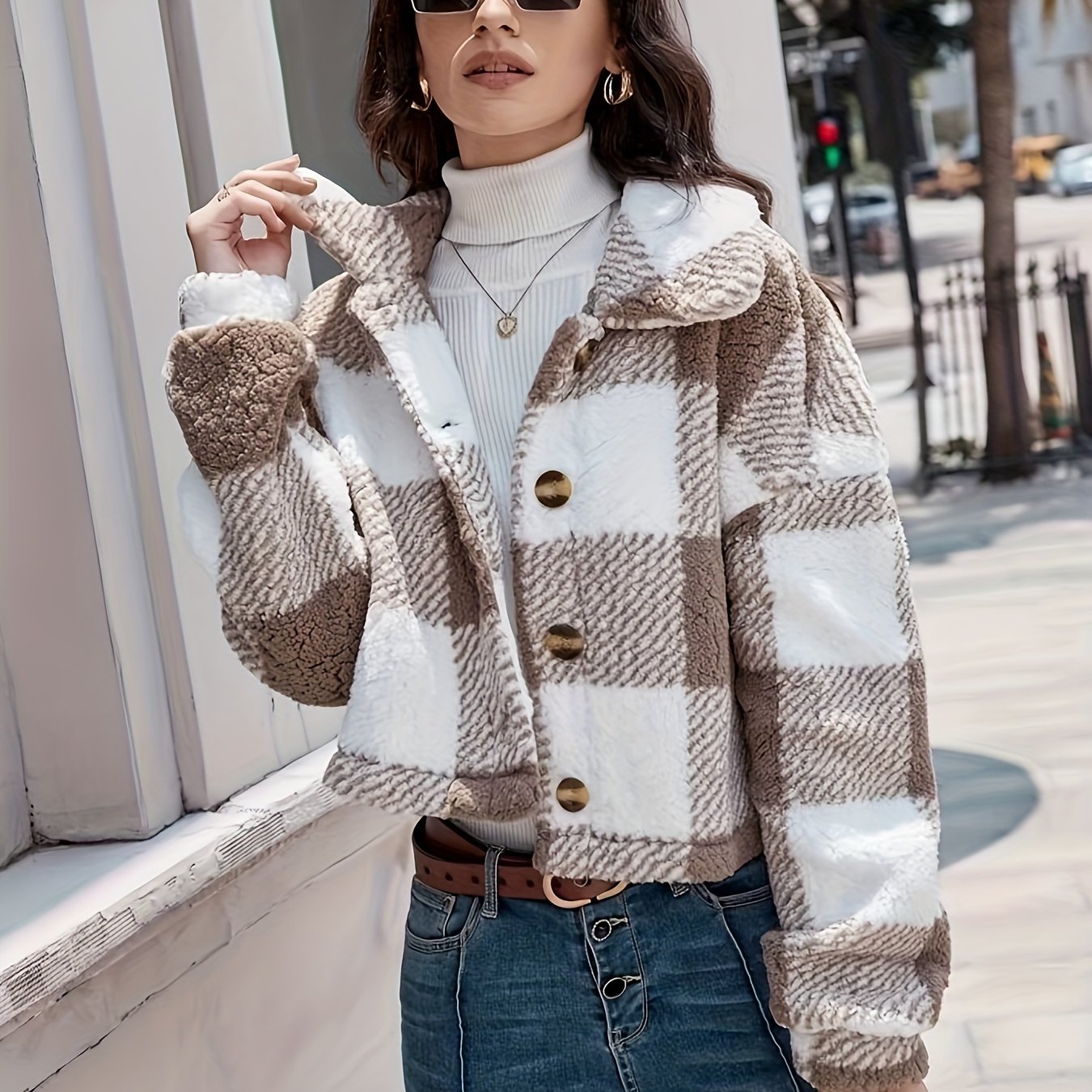 LS SHOP – Manteau Teddy à Carreaux avec Boutons | Veste Longue Hiver Thermique pour Femme