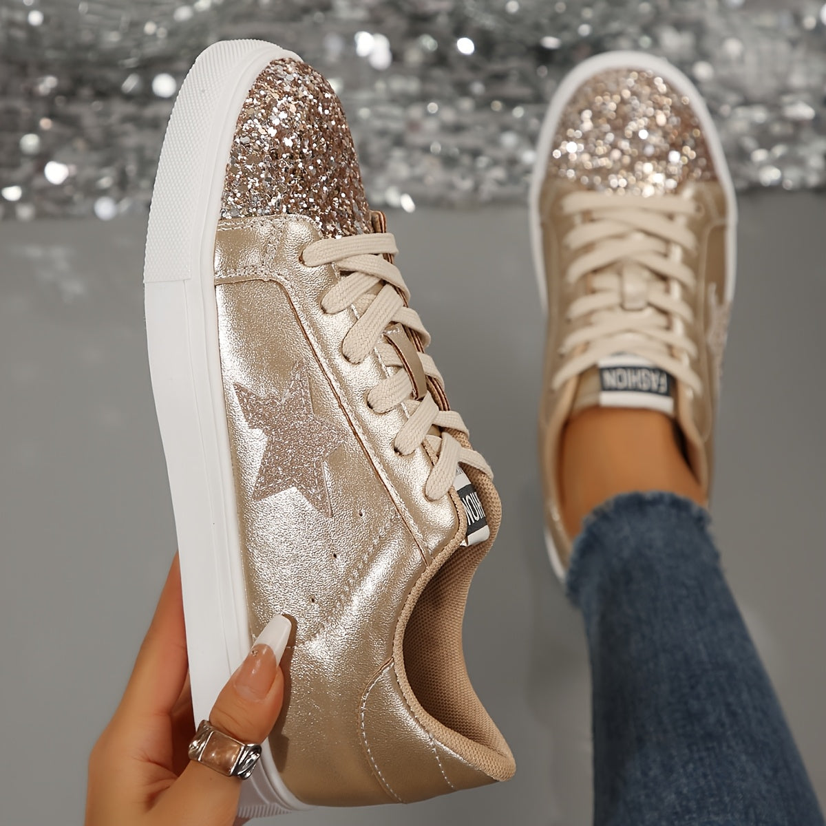 👟 LS SHOP – Baskets Pailletées Dorées pour Femme – Confortables & Stylées ✨